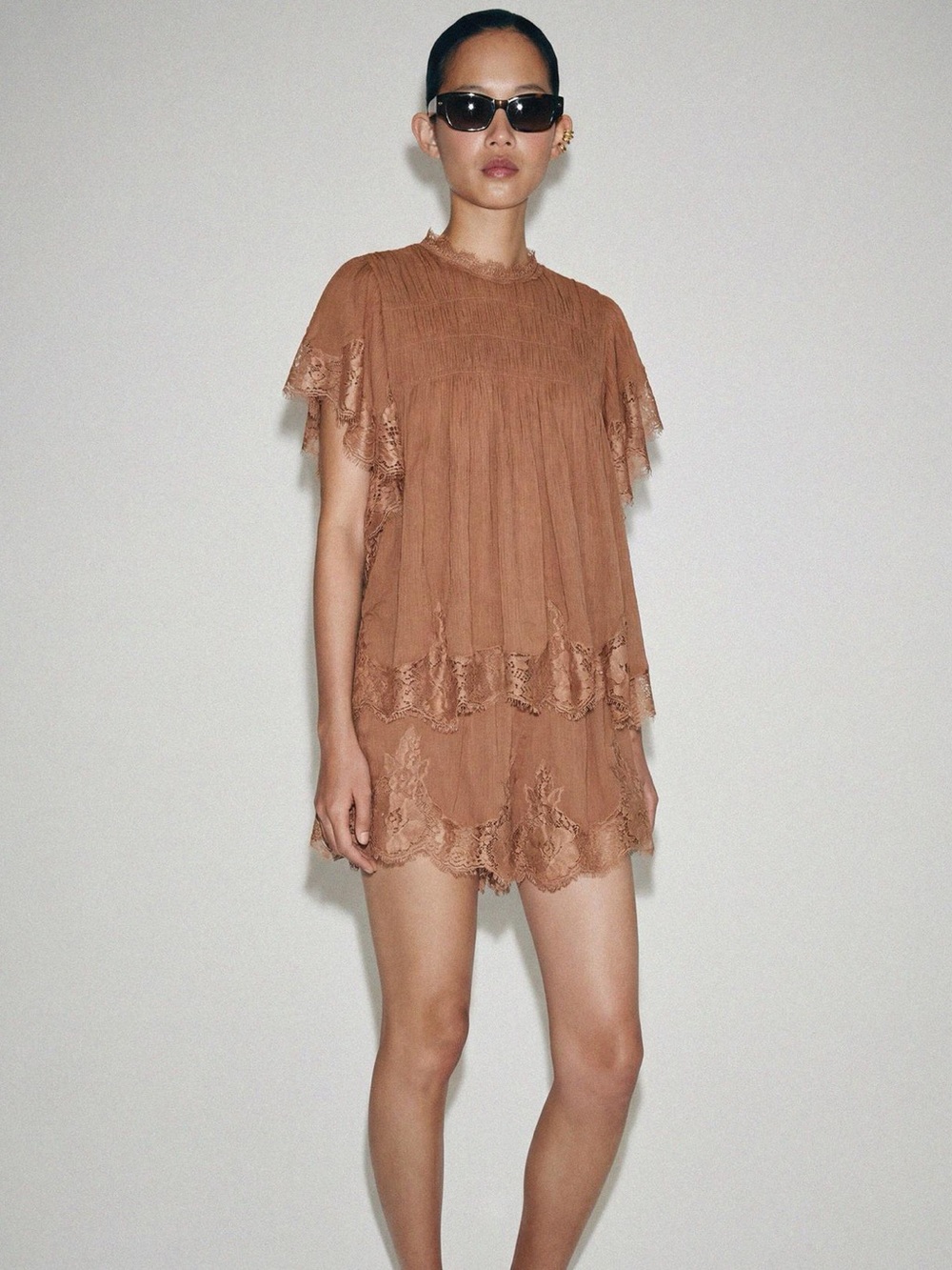 Zara Lace Trim Flutter Sleeve Two-Piece Set in Camel